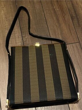 Striped Black and Olive Women’s Shoulder Bag with Gold Trim